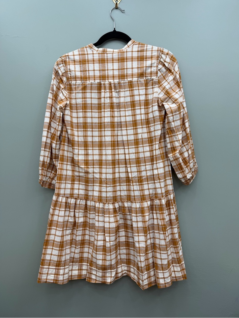 Free Assembly Plaid Mini Dress XS Brown Cream Cotton Prairie Cottagecore - Picture 2 of 8